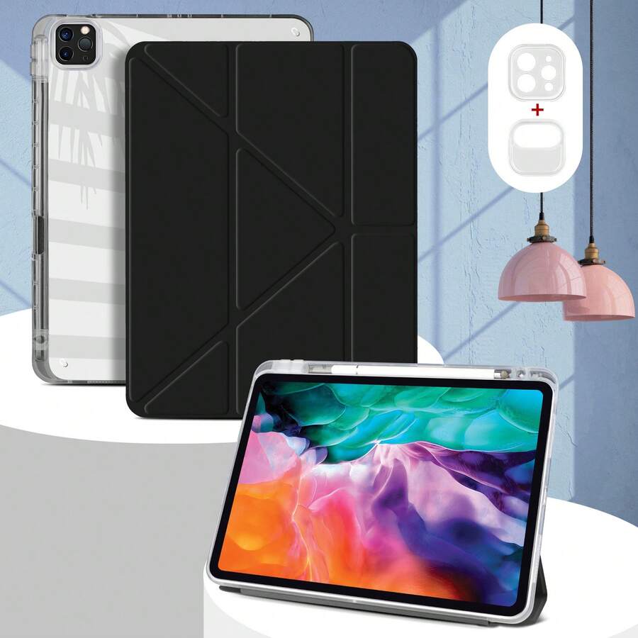 这款适用于 iPad 10 代的保护壳，采用高透明亚克力背板，带有笔槽，可自由 DIY 设计。它具有 Y 型多折叠多角度支架、磁吸式自动休眠/唤醒/智能省电折叠保护盖以及笔槽设计。 - 黑色 - 查看 1