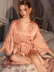 Jacquard Nightgown Women's Spring And Autumn Long Bathrobe Bath Skirt Ice Silk High-End Satin Loungewear Single Robe Can Be Worn Outside - HP16款-長袍 - 查看 3