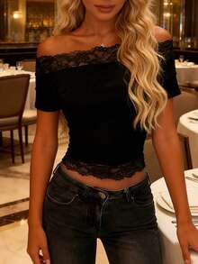 1 chiếc áo thun nữ thanh lịch, trễ vai, phối ren, ôm sát, màu trơn, tối giản, phù hợp cho đi chơi hàng ngày, mùa tựu trường, phong cách đường phố, mùa xuân/hè, màu đen thường ngày. - màu đen - Xem 5