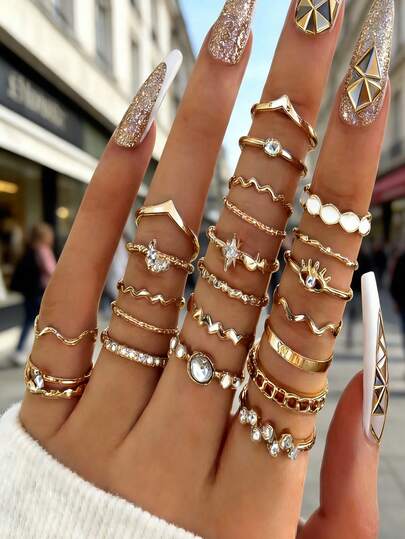 23Pcs Women's Rose Gold Tone Stackable Rings Set - Star Moon Evil Eye Crystal Wave Chain Oval Stone Fashion Finger Jewelry For Daily & Party Wear