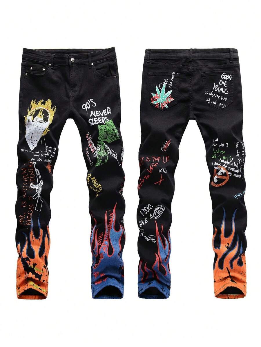 Pantalones vaqueros elásticos ajustados para hombre | Marca streetwear high-end, impresión 3D colorida de calavera y graffiti, negro y blanco - 5646# Negro - Ver 1