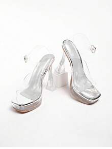 性感透明水晶厚底防水坡跟凉鞋，夏季新款夜店舞台表演高跟凉鞋 - 銀色 - 查看 6