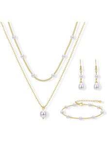 Milacolato Gold Jewelry Set For Women - 16K Gold Plated Pearl Necklace And Earring Set With Drop Earrings,Charm Layered Necklace,Adjustable Bracelets - Dainty Women's Pearl Jewelry Sets For Wedding Gifts - 金色 - 查看 2