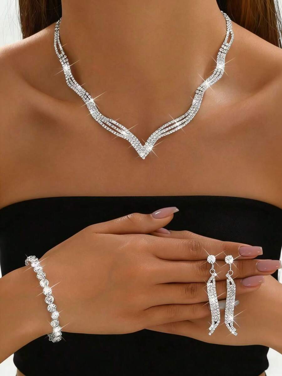 Juego de joyería de 3 piezas para mujer con diseño geométrico - Collar, Aretes, Pulsera, Adecuado para Fiesta, Boda, Acción de Gracias - Plateado - Ver 1
