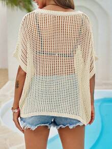 Womens Crochet Sweater Tops Batwing Short Sleeve Oversized Boat Neck Boho Knit Summer Beach Cover Ups - Be - Xem 2