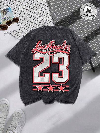 夏季男士洛杉矶街头图案T恤，微弹修身水洗黑色圆领短袖T恤，休闲日常运动风T恤