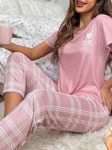Minimalist Letter Print Short Sleeve Pajama Set, Plaid Pants, Comfortable Casual Sleepwear For Women - Pink - View 4
