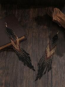 SOUL BEADING Handmade Beaded Tassel Earrings In Boho Style | Black And Gold Geometric Pattern | Vintage Jewelry Suitable For Formal Events And Daily Wear - Black - View 4