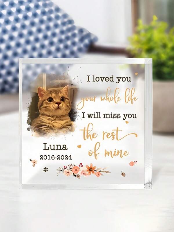 1Pc Personalized Acrylic Square Pet Memorial Plaque - Forever Loved Cat Remembrance Keepsake With Angel Wing Design & Custom Name - Elegant Desk Decor For Cat Owners, Heartwarming Illustration