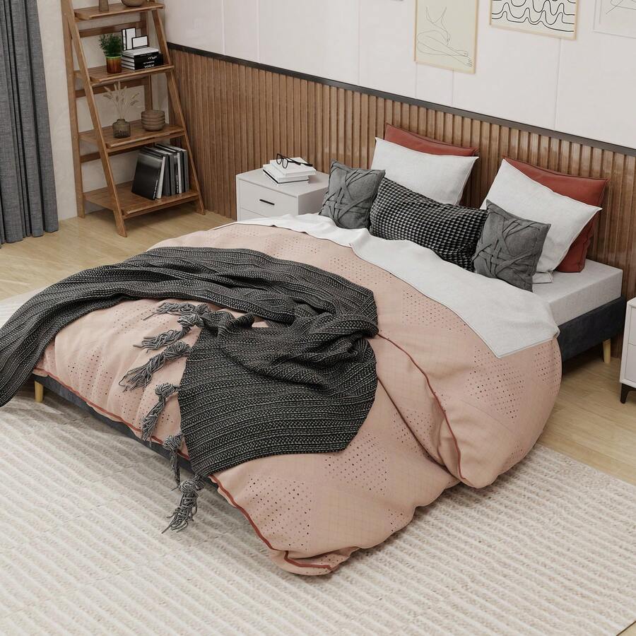 Modern Minimalist Bed Frame, 160 X 200 Cm, Grey, Upholstered In Dutch Velvet, Low Slatted Base, Contemporary Style Bedroom Furniture. Gas Spring, Headboard And Mattress Not Included.