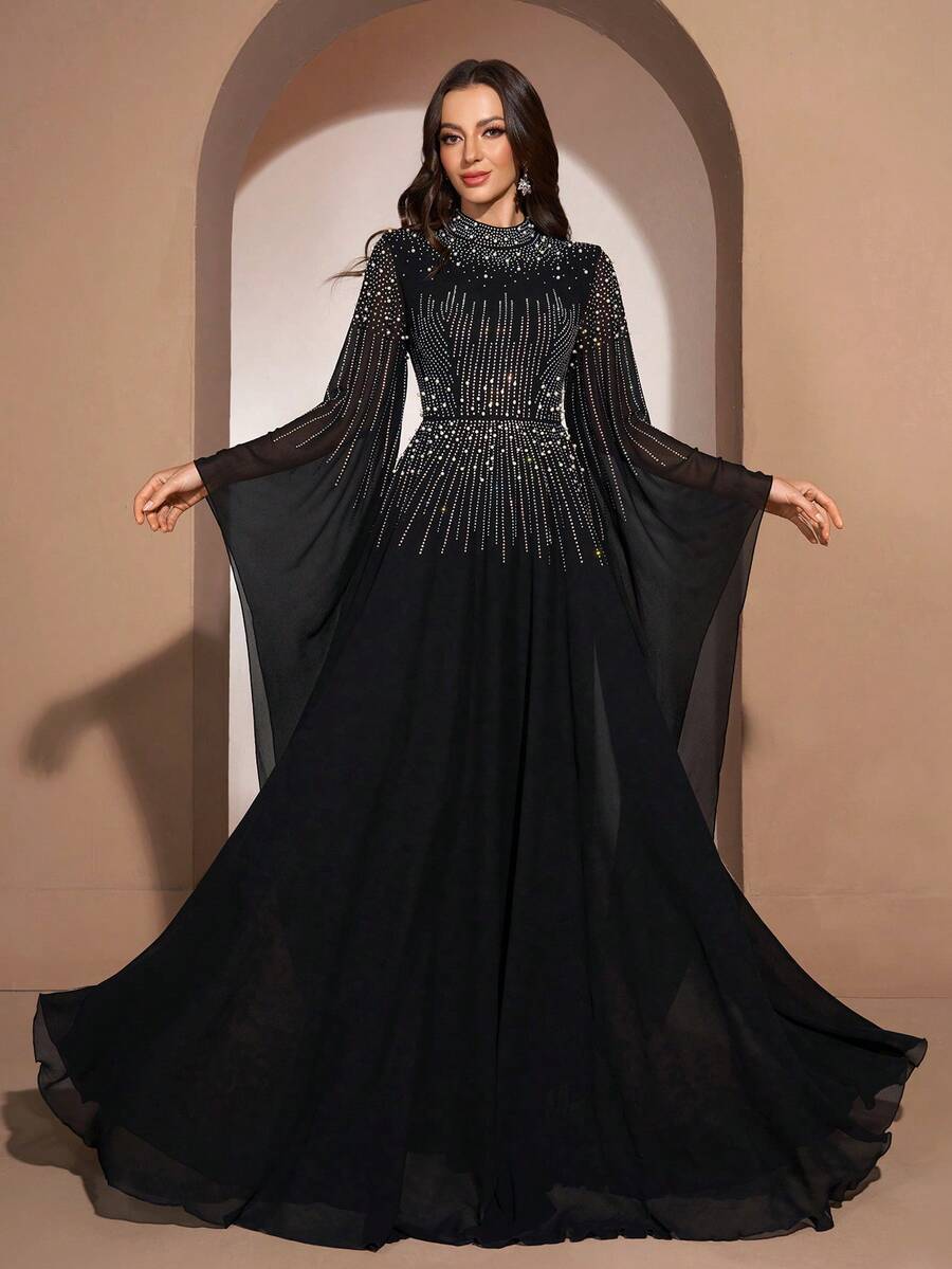 YISIKADO Women's Flowy Chiffon Evening Dress With Rhinestone Embellishment, High Neck Flare Sleeve Maxi Dress For Prom, Wedding Guest & Special Occasions Black
