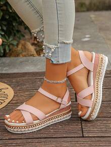 Damen Keilsandalen mit Nieten, geflochtenem Riemen, Kreuzriemen und Schnalle, hohe Plateau-Keilabsätze in Rosa, Urlaubsstil, für Sommer, Alltag, Outdoor und Party, große Größen - Pink - Übersicht 4