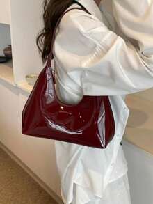 Korean Style Niche Red Lacquer Leather Crescent Shoulder Bag, Ladies Handbag, Stylish Underarm Bag, Good Quality - Red - View 1