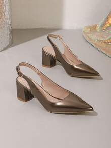 新款时尚女士尖头高跟鞋，踝带设计，粗跟简约休闲舒适鞋 - 咖啡棕 - 查看 6