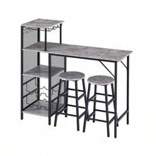 3Pcs Bar Table And Stools Set, Kitchen Breakfast Bar Table And Chairs Set 2 With Cup Holder And Wine Rack, Bar Table Sets Furniture For Kitchen, Dining Room, Pub, Cafe - White Marble - View 2