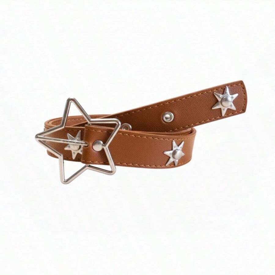 Unisex Wide Synthetic Leather Belt Punk Fashion Rock Pop Star Festival Silver Star Buckle 3cm - Leo - Lạc đà - Xem 1