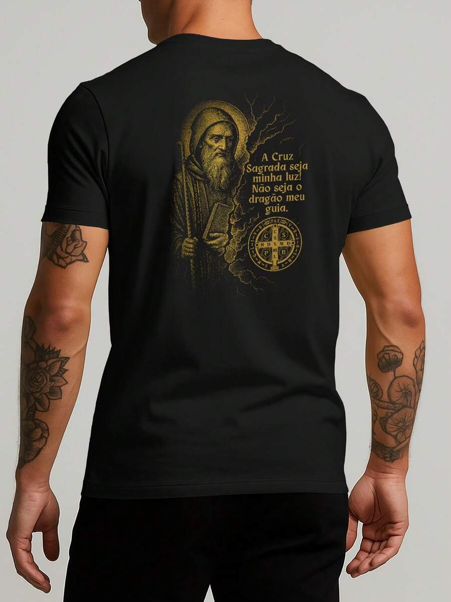 Men's Catholic T-Shirt With Saint Benedict Medal, Religious Style, 100% Cotton - màu đen - Xem 1