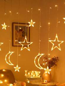 Einstellbare Mond & Stern LED Vorhanglichter - Warme/bunte Lichterkette, Märchenstil, geeignet für Weihnachten, Valentinstag, Hochzeit, Ramadan, Gartendekoration - Warmes Licht - Übersicht 4