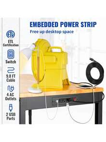 Adjustable Workbench, 48x20in Garage Table W/ 28.3in To 38.1in Heights & 2000lbs Load Capacity, Adjustable Working Table With Power Outlets & Hardwood Top & Metal Frame & Foot Pads, For Office Home Garage - Maple - Xem 4