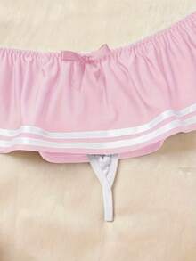 两件套性感航海风内衣套装 - 荷叶边细节，蝴蝶结装饰，钢圈文胸和内裤，适合亲密角色扮演，度假粉色春季款 - 粉色 - 查看 5