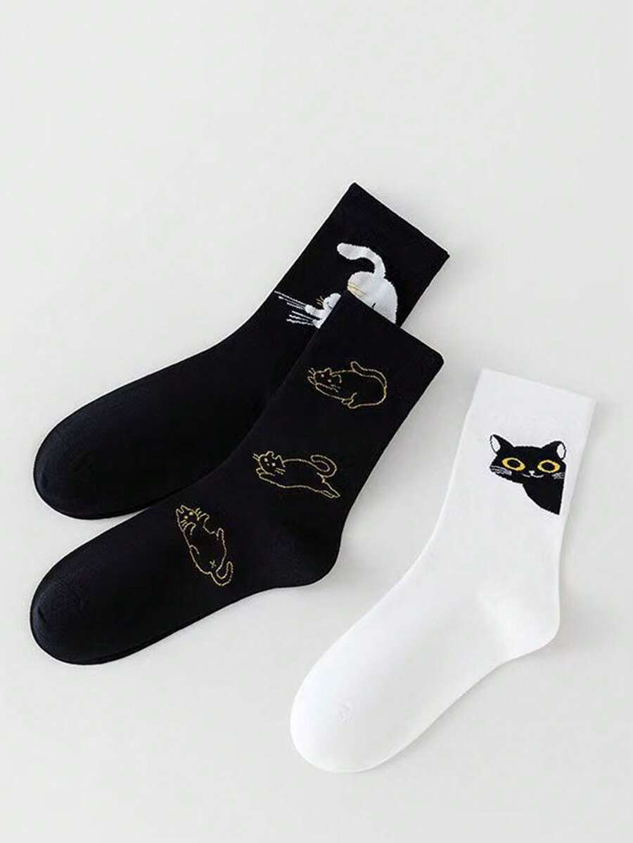 3双卡通猫咪图案趣味个性化简约船袜，可爱美观，百搭时尚女袜 - 黑與白 - 查看 1