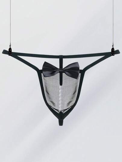 Men's Black Sexy Mesh Breathable Comfortable See-Through Pouch Thong Underwear With Pearl Decor