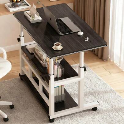 Height-Adjustable Ergonomic Folding Table With Wheels And Storage Shelf Standing Desk, Crafting Workstation, Durable Tabletop, Shelving Mobile Computer Desk With Universal Wheels, For Home Office, So