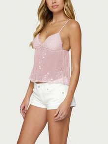 Women Y2K Sequin Cami Top Sleeveless Solid Color Sheer Mesh See Through Frilled Crop Tank Top Fairycore Sparkly Backless Flowy Camisole Summer Beach Going Out Babydoll Cami Shirt - Hồng - Xem 2