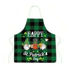 4 delantales de cocina irlandeses con diseño de trébol y gnomo a cuadros, delantales verdes para cocinar y hornear, para mujeres y hombres. - Verde - Ver 6