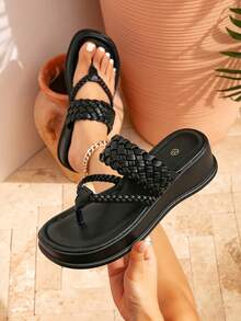 Woven Platform Slide Sandals For Women, New Summer Thick Sole Flip Flops Beach Slippers - Black - View 2