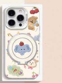 1pc Cute Cartoon Elephant Pattern Full Coverage Yellow Plated Phone Case With Finger Ring Holder Metal Stand, Compatible With IPhone 11/12/13/14/15/16/17/Pro Max - Yellow - View 2