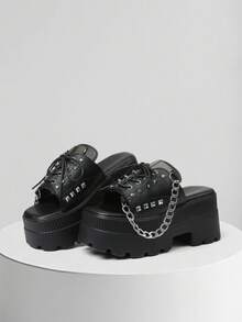 Fashionable Gothic Platform Sandals For Women Open Toe Elegant Casual Wedge Heel Punk Shoes Black Chain Studded Lace Up Party Outdoor Casual Summer Style Comfy Shoes Women Dressy - 黑色 - 查看 1