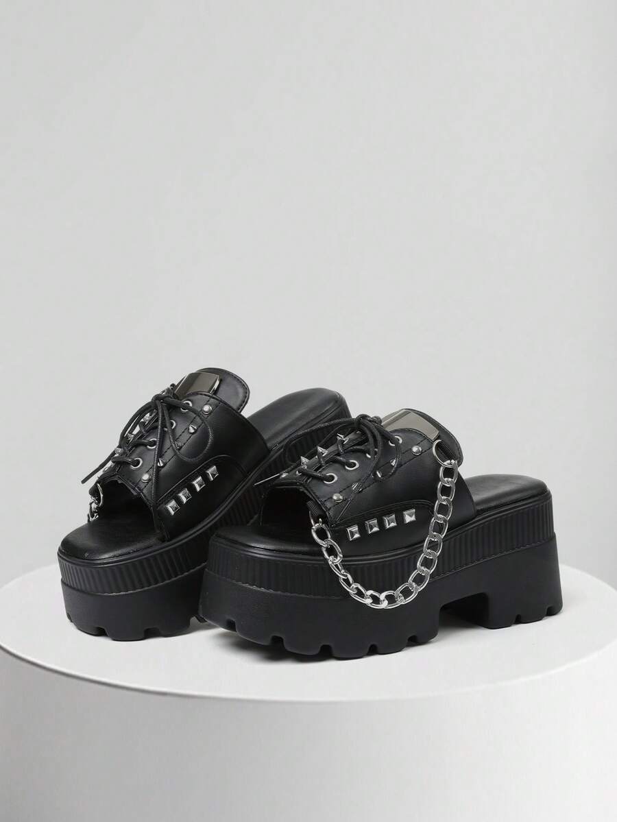 Fashionable Gothic Platform Sandals For Women Open Toe Elegant Casual Wedge Heel Punk Shoes Black Chain Studded Lace Up Party Outdoor Casual Summer Style Comfy Shoes Women Dressy - 黑色 - 查看 1