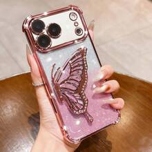 Ốp lưng điện thoại chống rơi chống va đập trong suốt phong cách mạ điện hấp thụ sốc túi khí cát chảy bướm có giá đỡ tương thích với iPhone 17/6/7/8/X/XS/XR/11/12/13/14/15/16/16e, Galaxy S22/23/24/25/S24 FE/S25 EDGE, A04/05/06/A07/A14/A15/A16/A17/A24/A25/A34, Note 9/10/11/12/13, 9/10/12/13C 14C, MOTO, Honor X, HW, RENO C53 C55 - Hồng - Xem 3
