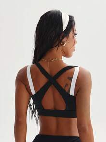 Women's Fashion Black & White Removable Padded Criss-Cross Back Sports Knit Bra - Black and White - View 2