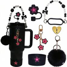 7件套樱花粉色配件套装，适用于30盎司/40盎司保温杯 - 美观的吊坠手柄链、硅胶套、吸管套、毛球钥匙扣，可爱春季礼物，适合女性和女孩 - 彩色 - 查看 15