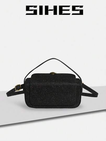 1pc Solid Color PU Leather Women's Backpack Shoulder Crossbody Bag, Fashionable Sequin Box-Shaped Handbag, Flap Design, Adjustable Strap, Suitable For Girls, Ladies, College Students, Young Professionals, Office, School, Work, Business, Commute, Outdoor, Travel, Shopping