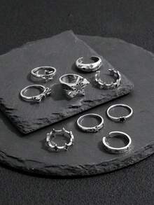 9pcs Vintage Distressed Metal Star Rings Set, Sweet & Cool Minimalist Style Letter & Bow Decor For Women - Grey - View 5