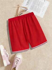 1件装 女童及青少年时尚撞色口袋速干涤纶红色沙滩短裤，适合室内、室外、游泳池、情人节、春夏穿着