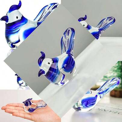 Decor For Home Or Office - Mini Blown Glass Bird Figurine, Crystal Animal Paperweight With Blue Jay Design, Ideal Gift
