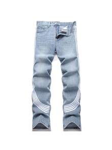 Pantalones vaqueros rectos negro-azul para hombre | Estilo high street americano, Harajuku, tres rayas, OOTD personalizado - 5723# Azul - Ver 3