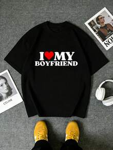 I LOVE My Girlfriend / I LOVE My Boyfriend Valentine's Day Couple T-Shirt Unisex, Simple And Fashionable, Casual Daily Holiday, Anniversary Gift, Gift For Boyfriend, Girlfriend, Husband, Lover Fun T-Shirt, Patterned T-Shirt - 女性 - 查看 4