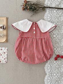 Newborn Baby Girls Cute Ruffle Collar Bow Strawberry Embroidery Plaid Romper, Spring/Summer - Red - View 9