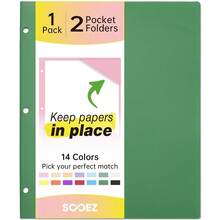 Sooez 2-Pocket Folders, Plastic Folders With Pockets 3 Hole Punched, 1 Pack Pockets Folder For 3 Ring Binder With Labels, Heavy Duty Binder Folder For Document, Letter Size File Folder,Dark Green - DarkGreen - View 1