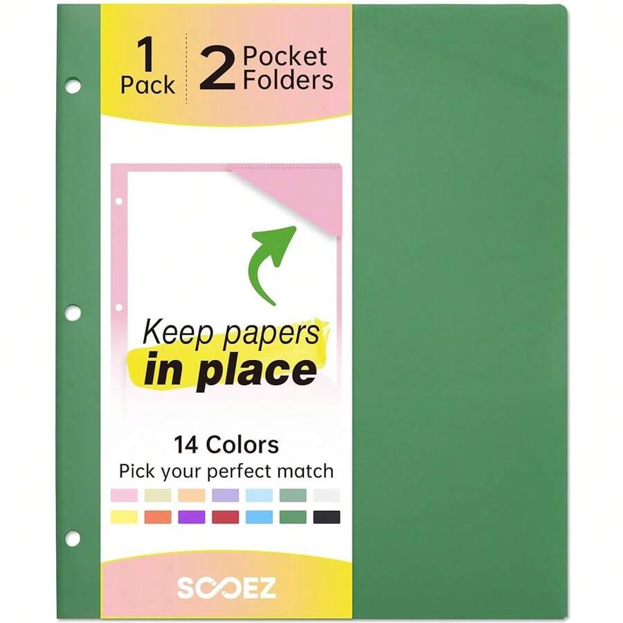 Sooez 2-Pocket Folders, Plastic Folders With Pockets 3 Hole Punched, 1 Pack Pockets Folder For 3 Ring Binder With Labels, Heavy Duty Binder Folder For Document, Letter Size File Folder,Dark Green - DarkGreen - View 1