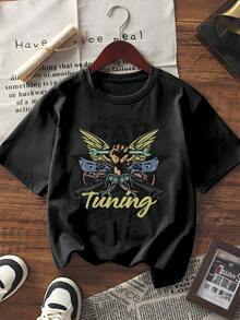 Camiseta de mujer de manga corta con estampado gráfico de tuning extremo de automóviles, camiseta holgada de cuello redondo casual para moda de streetwear de verano - Blanco - Ver 1