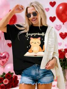Damska koszulka z uroczym nadrukiem kota, najwyższej jakości bawełna, okrągły dekolt, luźny krój, wyjątkowy nadruk graficzny - Czarne - Zobacz 1