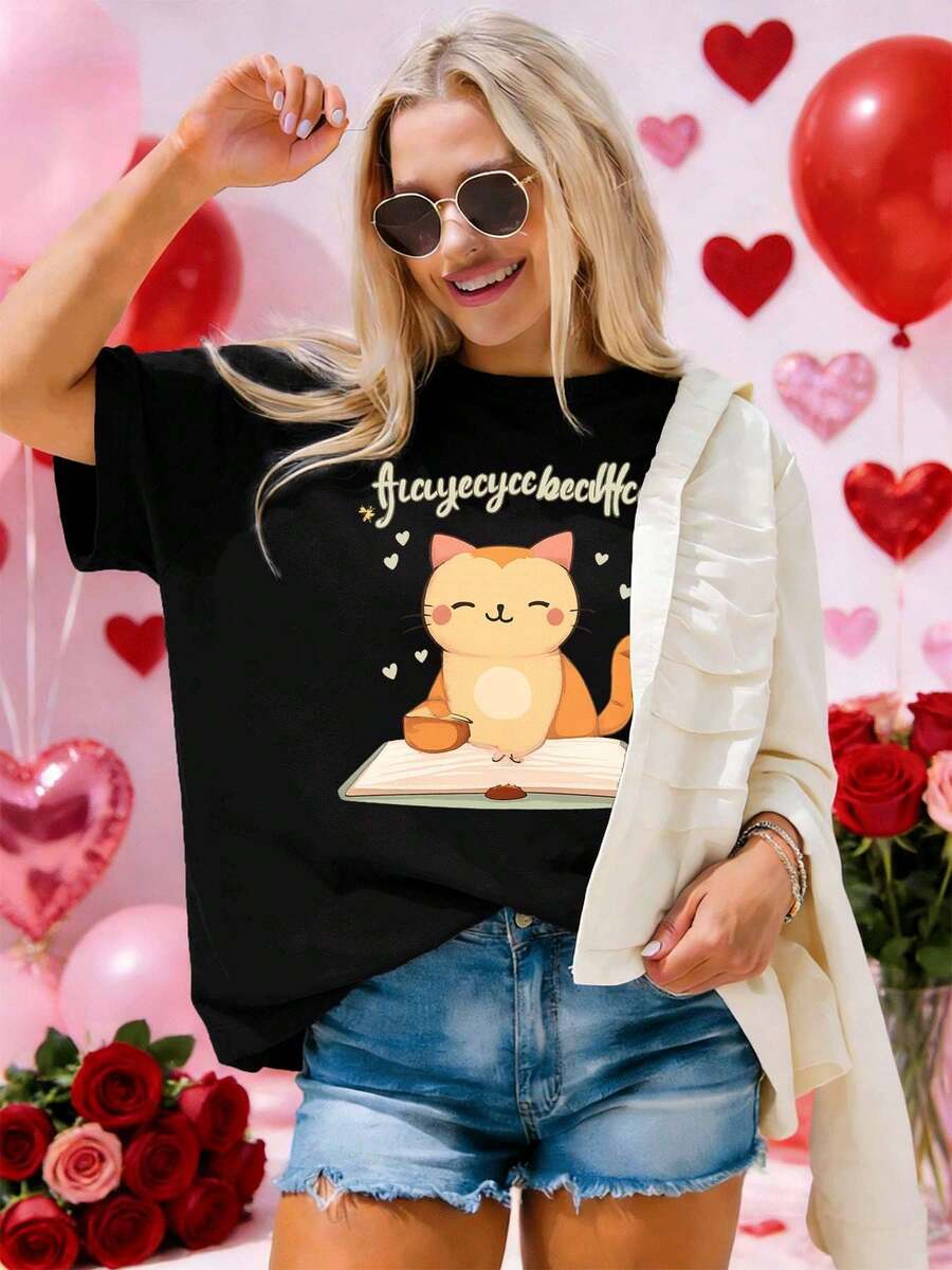 Damska koszulka z uroczym nadrukiem kota, najwyższej jakości bawełna, okrągły dekolt, luźny krój, wyjątkowy nadruk graficzny - Czarne - Zobacz 1