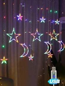 Einstellbare Mond & Stern LED Vorhanglichter - Warme/bunte Lichterkette, Märchenstil, geeignet für Weihnachten, Valentinstag, Hochzeit, Ramadan, Gartendekoration - Farblicht - Übersicht 13