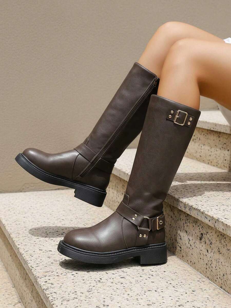 planare 2025 秋冬新款摩卡棕色侧拉链中筒靴，经典优雅一脚蹬设计，女士个性化礼物，适合婚礼、派对、度假、旅行、节庆，穿着舒适